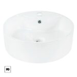 Round white ceramic bathroom vessel sink with central drain and faucet hole on rim